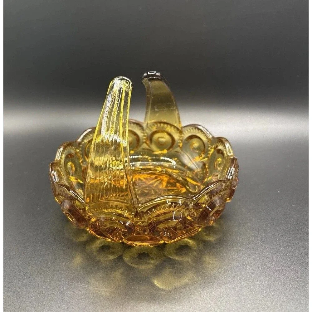 MOON & STARS L.E. Smith Amber Split Handle VTG Candy / Trinket Dish 5”